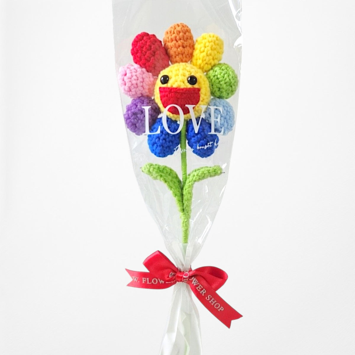 "Rainbow Smiley" 1-Stem Colorful Sunflower Crochet Bouquet (Minimalist Clear Wrap)