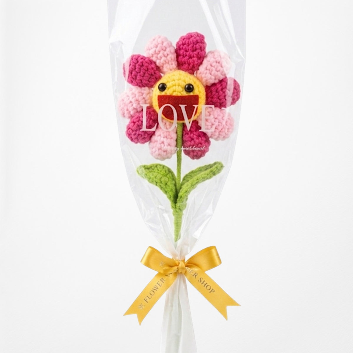 "Pink Sweetheart" 1-Stem Gradient Pink Smiley Sunflower Crochet Bouquet (Minimalist Clear Wrap)