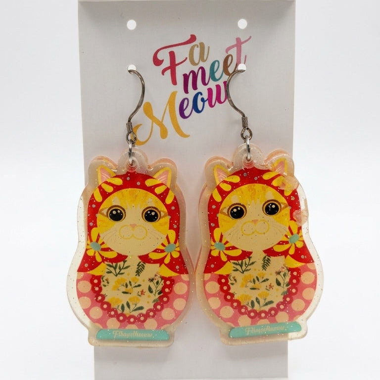 Matryoshka Cat Resin Dangle Earrings - Cute Russian Dolls Style