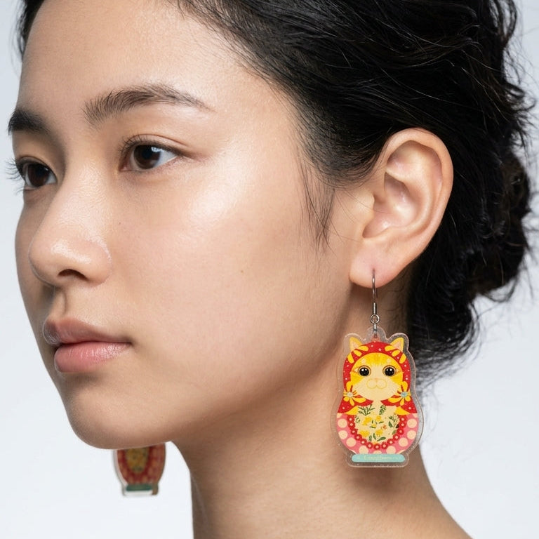 Matryoshka Cat Resin Dangle Earrings - Cute Russian Dolls Style