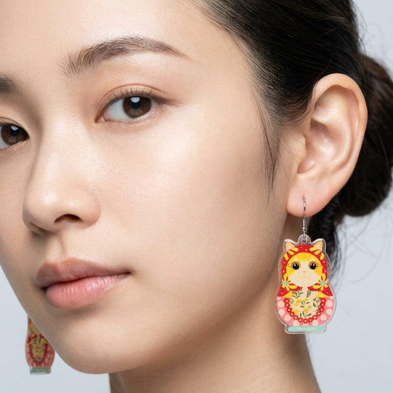 Matryoshka Cat Resin Dangle Earrings - Cute Russian Dolls Style