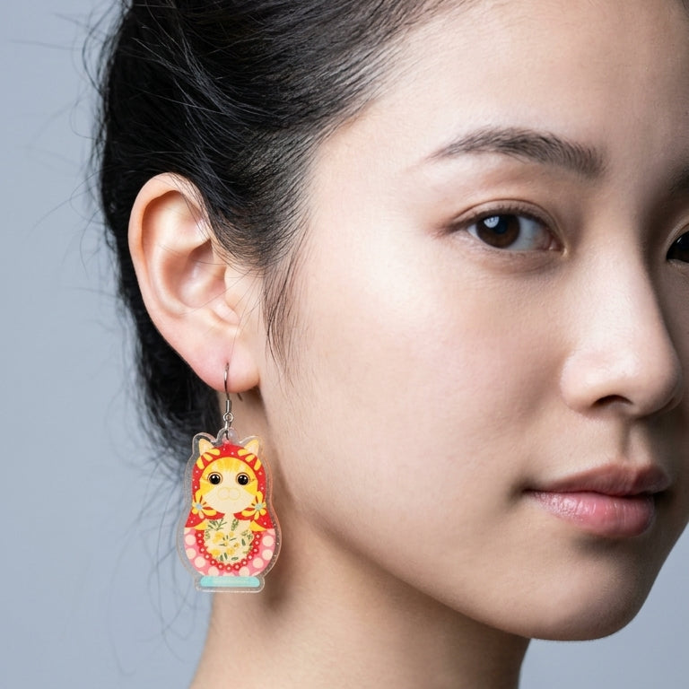 Matryoshka Cat Resin Dangle Earrings - Cute Russian Dolls Style