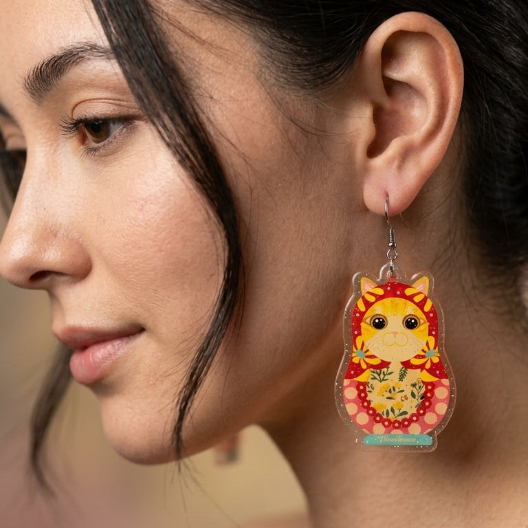 Matryoshka Cat Resin Dangle Earrings - Cute Russian Dolls Style