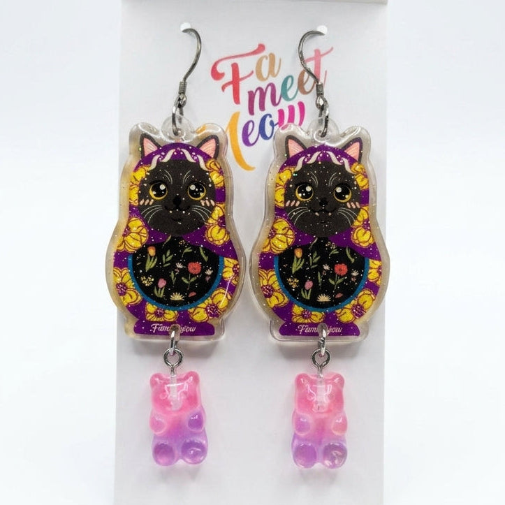 Vintage Kitty Russian Doll & Gummy Bear Dangle Earrings - Purple Series