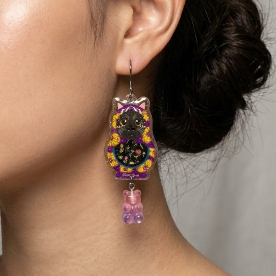 Vintage Kitty Russian Doll & Gummy Bear Dangle Earrings - Purple Series