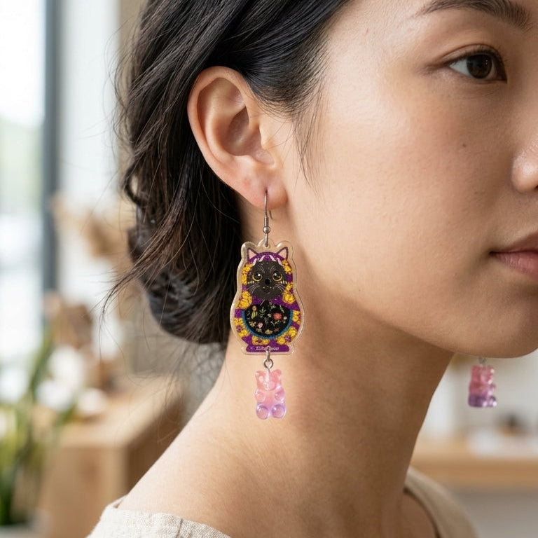 Vintage Kitty Russian Doll & Gummy Bear Dangle Earrings - Purple Series