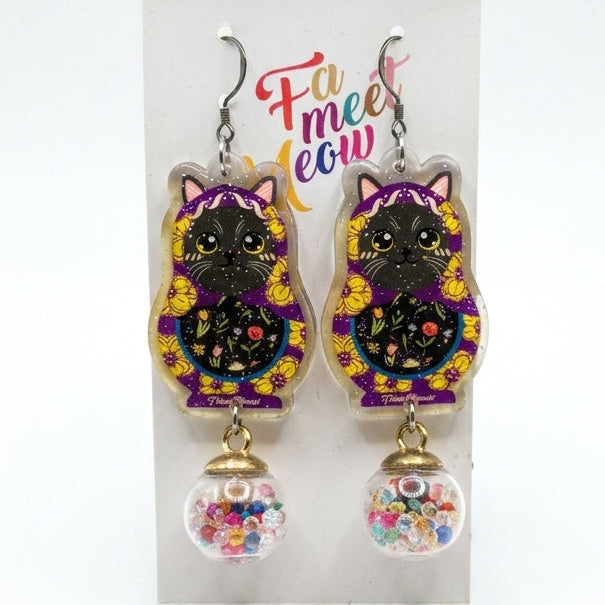 Vintage Black Cat Russian Doll & Colorful Gemstone Bubble Dangle Earrings
