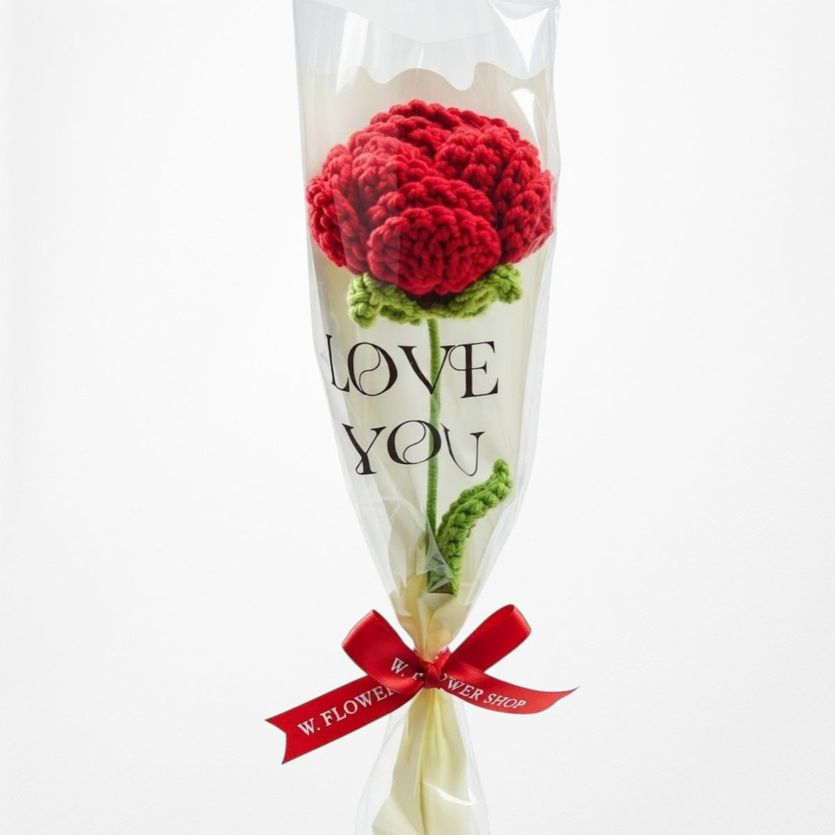 "Classic Red Rose" 1-Stem Crochet Rose Bouquet (Minimalist Clear Wrap)