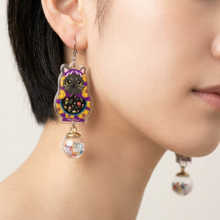 Vintage Black Cat Russian Doll & Colorful Gemstone Bubble Dangle Earrings