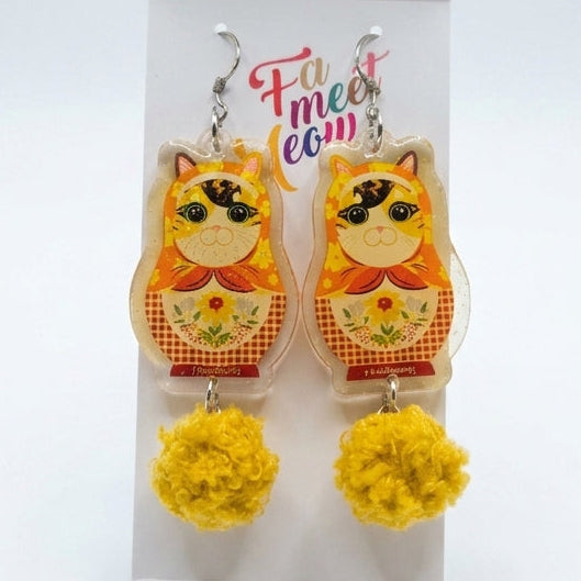 Vintage Calico Yellow Cat Russian Doll & Fluffy Pom-Pom Dangle Earrings