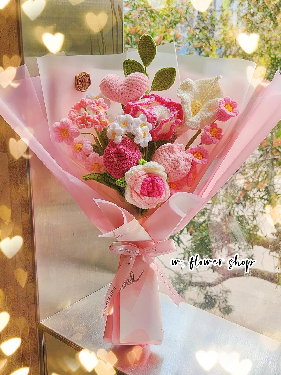 Korean Style Pink Heart Floral Mix - 11-Stem Crochet Bouquet