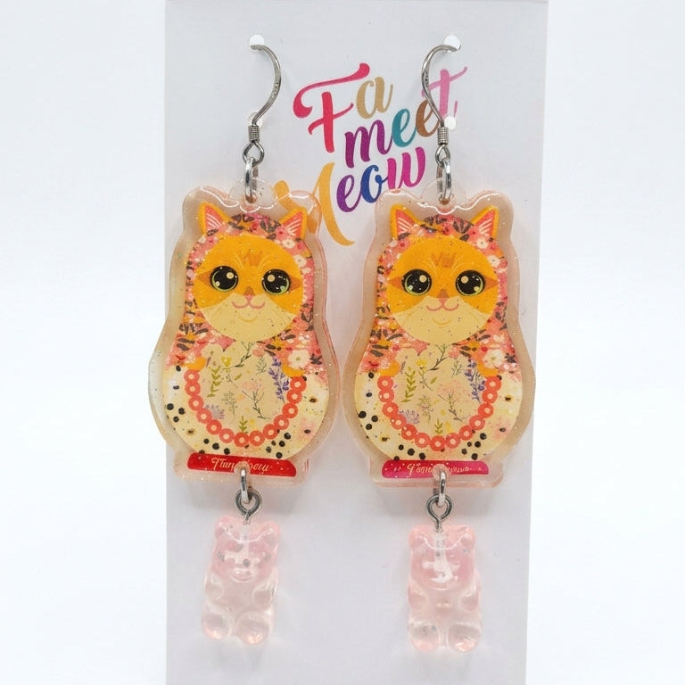 Vintage Orange Cat Russian Doll & Pink Gummy Bear Dangle Earrings