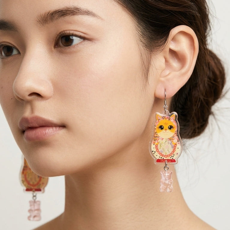 Vintage Orange Cat Russian Doll & Pink Gummy Bear Dangle Earrings