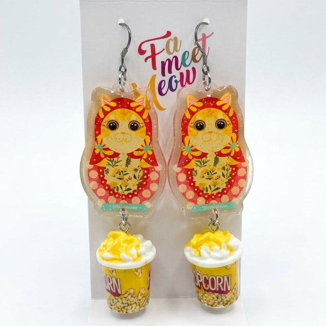 Vintage Orange Cat Russian Doll & Popcorn Bucket Dangle Earrings