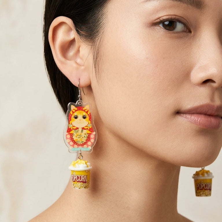 Vintage Orange Cat Russian Doll & Popcorn Bucket Dangle Earrings