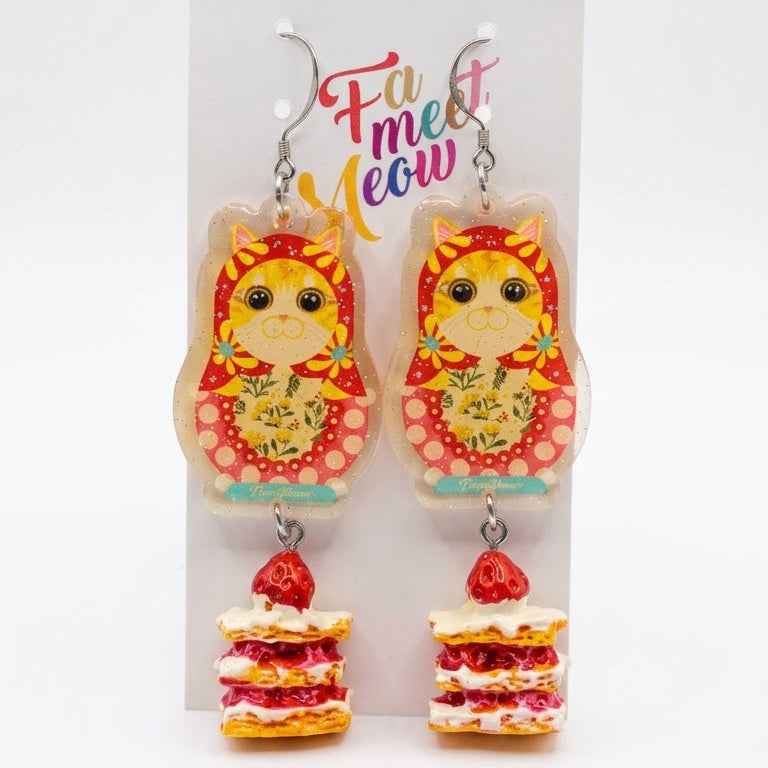 Vintage Orange Cat Russian Doll & Strawberry Mille-Feuille Cake Dangle Earrings