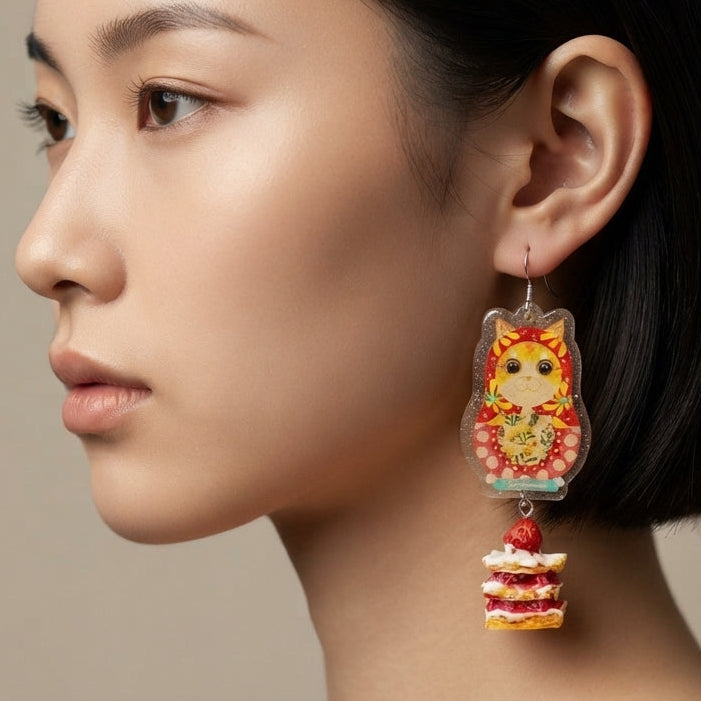 Vintage Orange Cat Russian Doll & Strawberry Mille-Feuille Cake Dangle Earrings