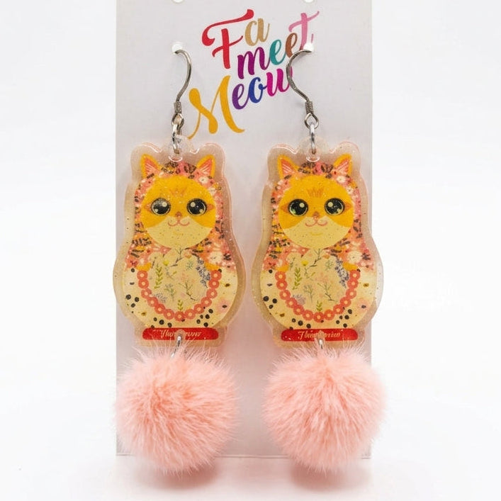 Vintage Orange Cat Russian Doll & Pink Fluffy Pom-Pom Dangle Earrings