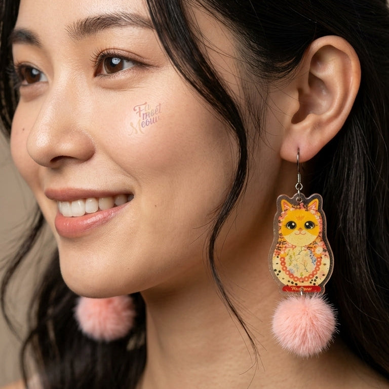 Vintage Orange Cat Russian Doll & Pink Fluffy Pom-Pom Dangle Earrings