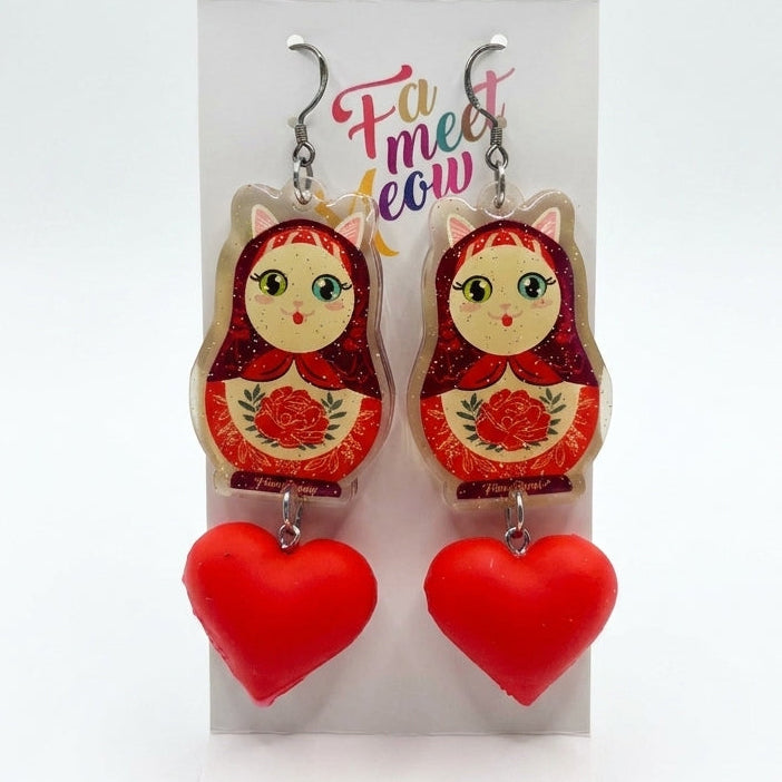Vintage White Cat Russian Doll & Red Heart Dangle Earrings