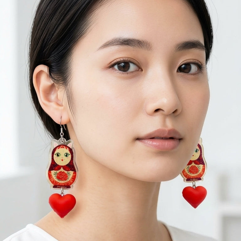 Vintage White Cat Russian Doll & Red Heart Dangle Earrings