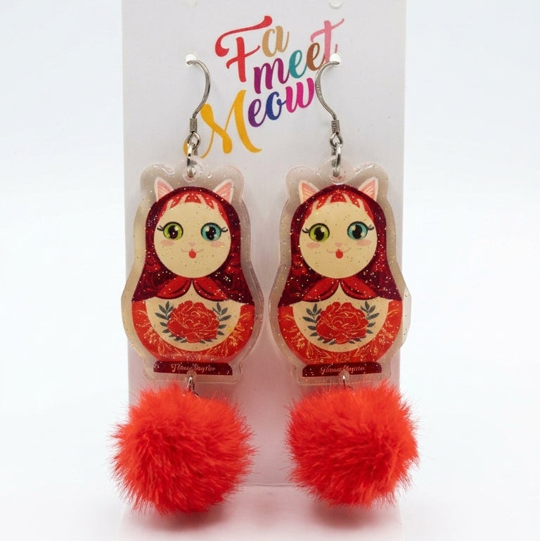 Vintage White Cat Russian Doll & Red Fluffy Pom-Pom Dangle Earrings