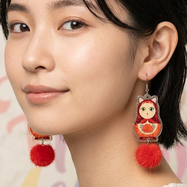 Vintage White Cat Russian Doll & Red Fluffy Pom-Pom Dangle Earrings