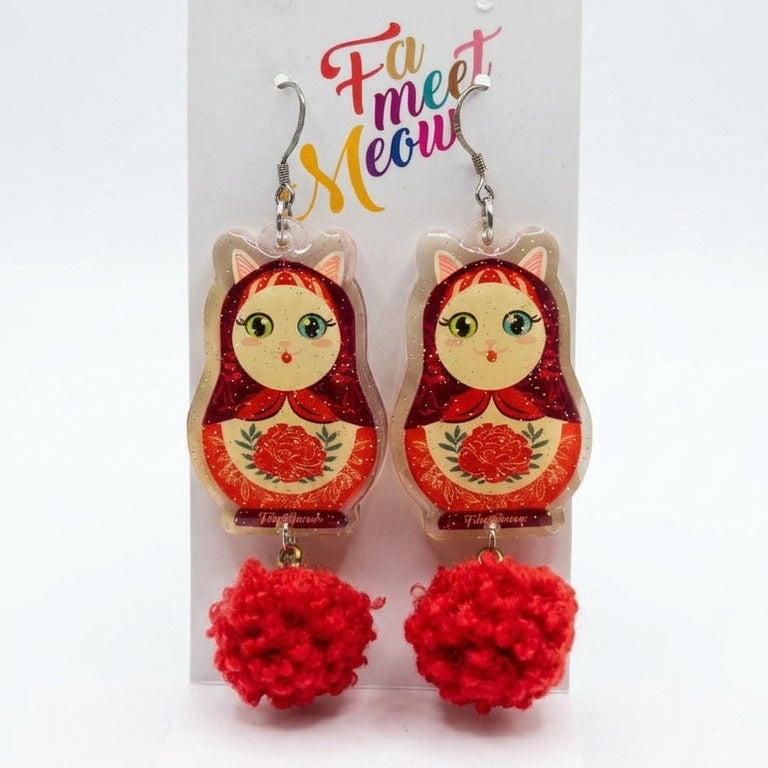 Vintage White Cat Russian Doll & Red Fluffy Pom-Pom Dangle Earrings