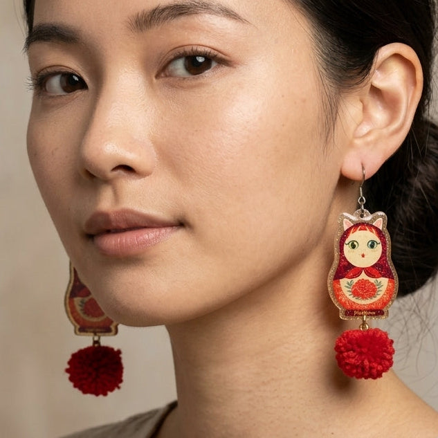 Vintage White Cat Russian Doll & Red Fluffy Pom-Pom Dangle Earrings