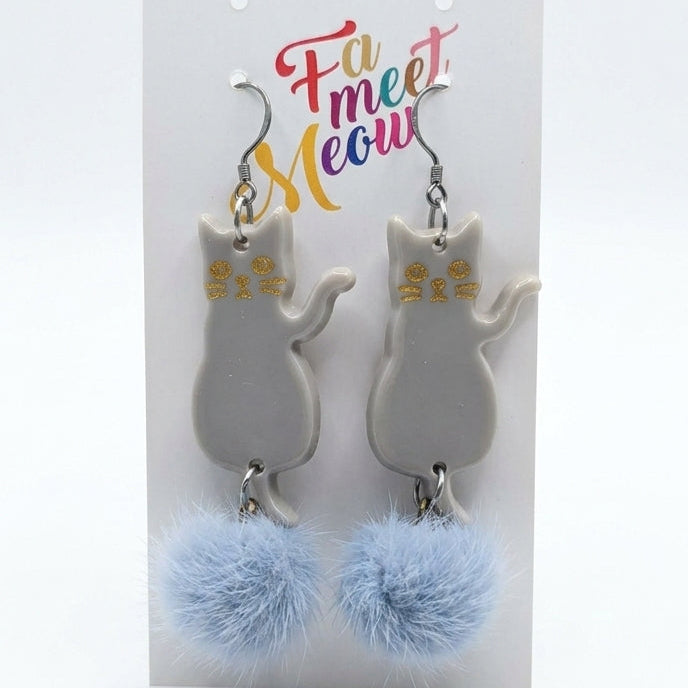 Looking Back Gray Cat & Pastel Blue Fluffy Pom-Pom Dangle Earrings