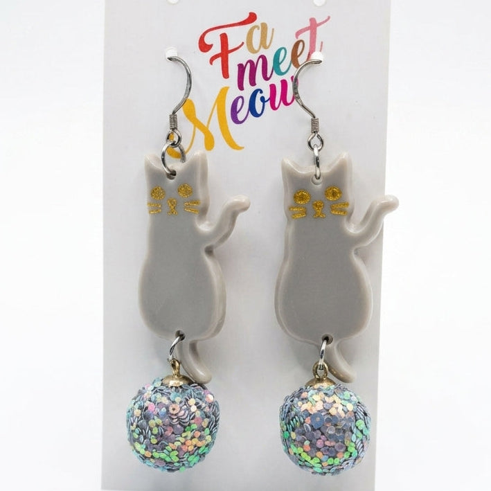Looking Back Gray Cat & Iridescent Glitter Ball Dangle Earrings