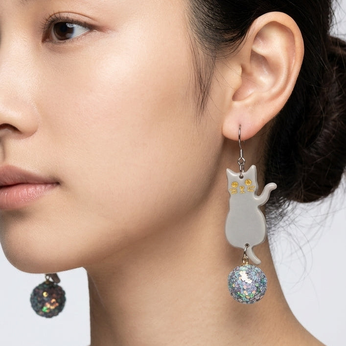 Looking Back Gray Cat & Iridescent Glitter Ball Dangle Earrings