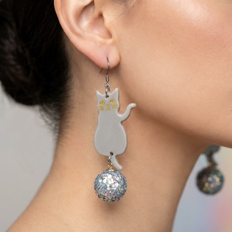 Looking Back Gray Cat & Iridescent Glitter Ball Dangle Earrings