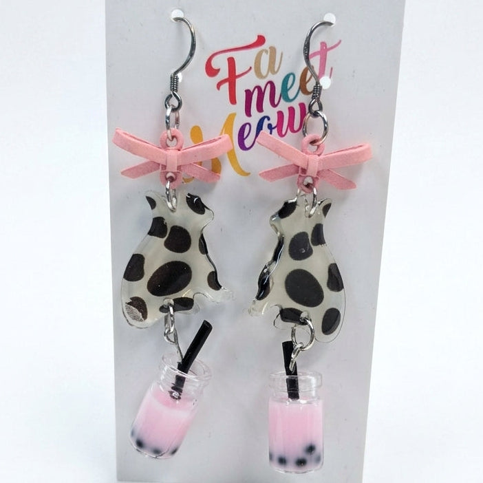 Cow Print Cat & Pink Bubble Tea Resin Dangle Earrings