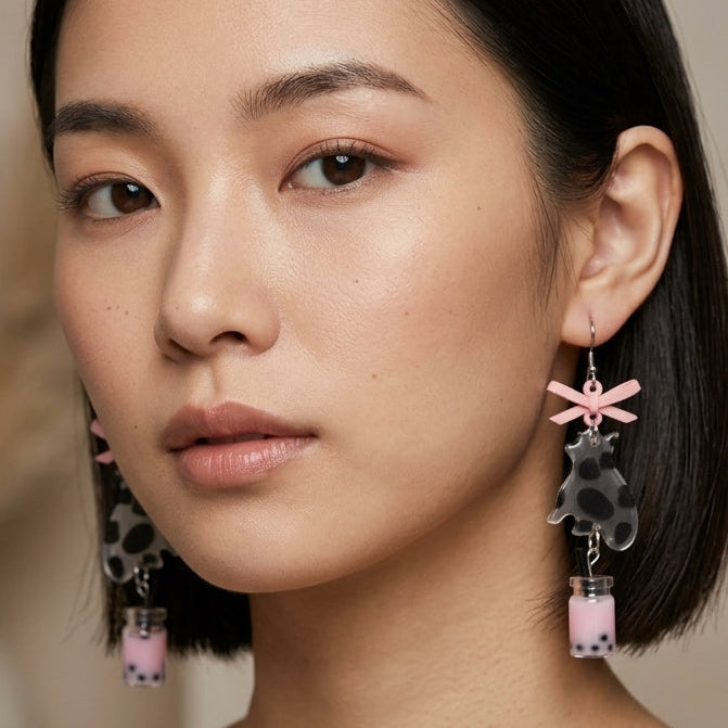 Cow Print Cat & Pink Bubble Tea Resin Dangle Earrings