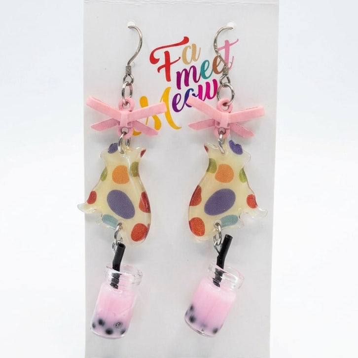 Colorful Polka Dot Cat & Pink Bubble Tea Resin Dangle Earrings