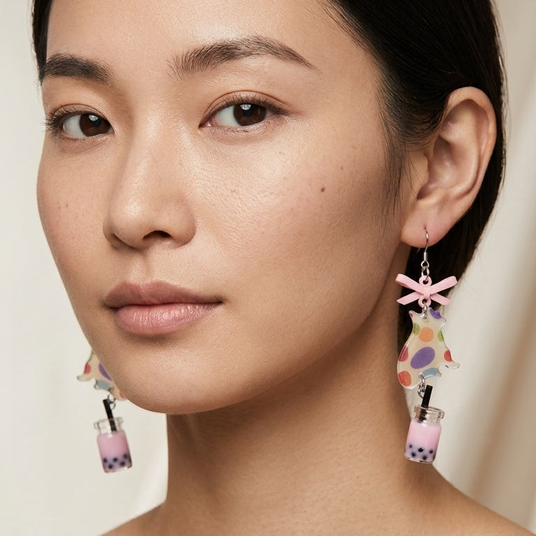 Colorful Polka Dot Cat & Pink Bubble Tea Resin Dangle Earrings