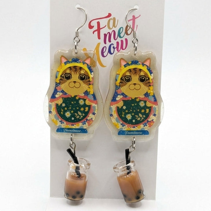 Vintage Tabby Cat Russian Doll & Classic Bubble Tea Dangle Earrings