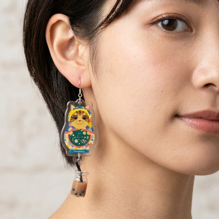 Vintage Tabby Cat Russian Doll & Classic Bubble Tea Dangle Earrings