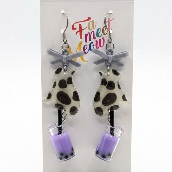 Cow Print Cat & Taro Bubble Tea Resin Dangle Earrings