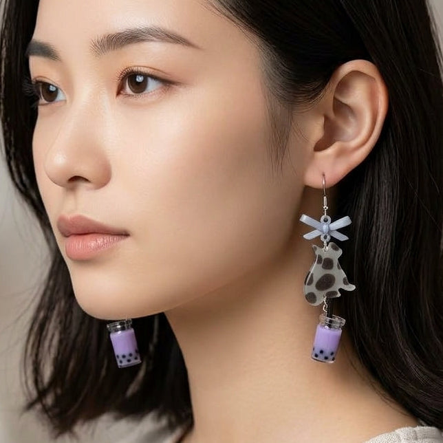 Cow Print Cat & Taro Bubble Tea Resin Dangle Earrings