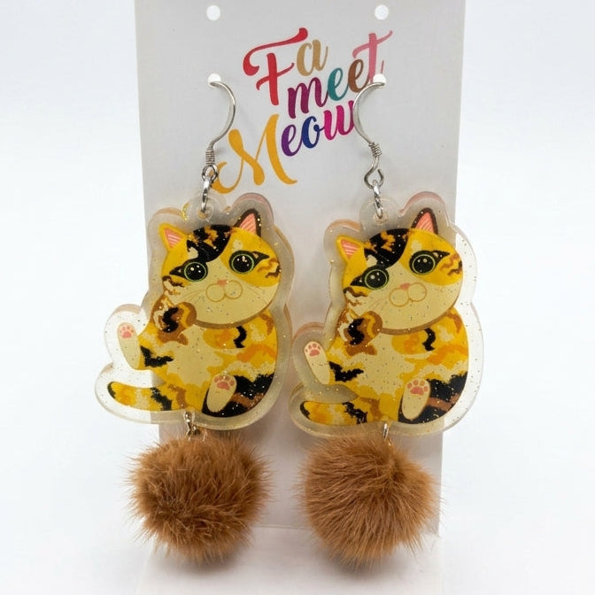 Calico Cat & Brown Fluffy Pom-Pom Dangle Earrings