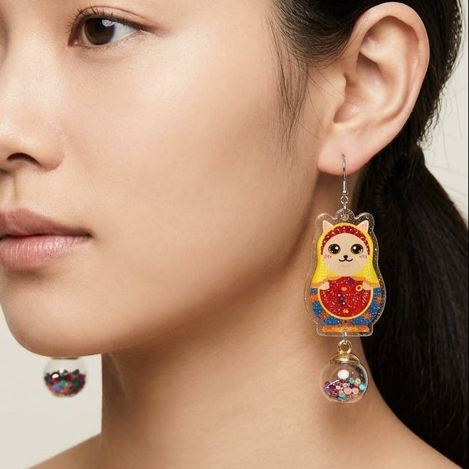 Vintage Lilac British Shorthair Cat Russian Doll & Glitter Glass Bubble Dangle Earrings