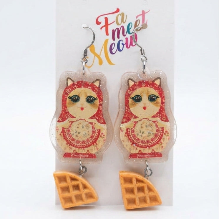 Vintage Ragdoll Cat Russian Doll & Crispy Waffle Dangle Earrings