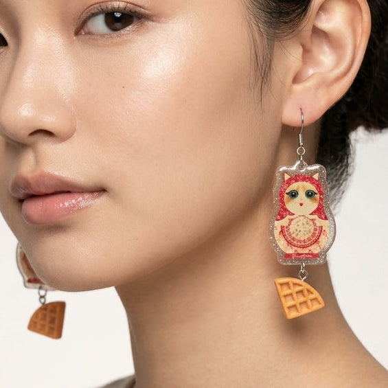 Vintage Ragdoll Cat Russian Doll & Crispy Waffle Dangle Earrings