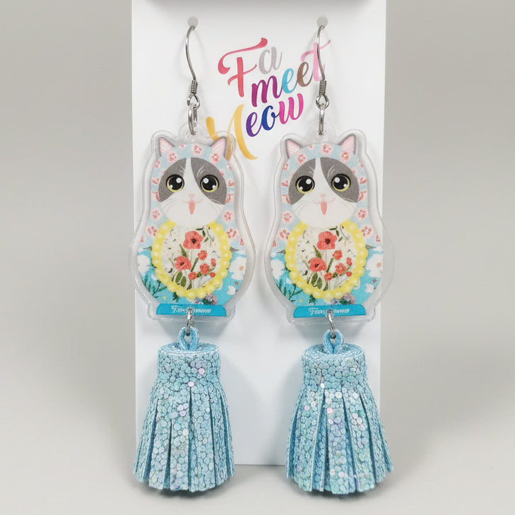 Vintage Gray & White Cat Russian Doll & Glittery Light Blue Tassel Dangle Earrings