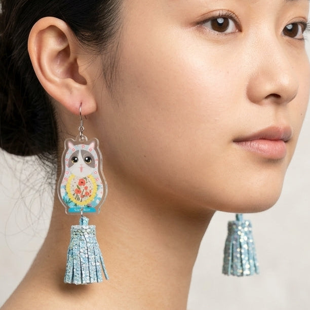 Vintage Gray & White Cat Russian Doll & Glittery Light Blue Tassel Dangle Earrings
