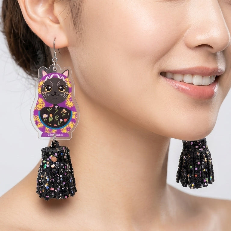 Vintage Blue British Shorthair Cat Russian Doll & Glittery Black Tassel Dangle Earrings