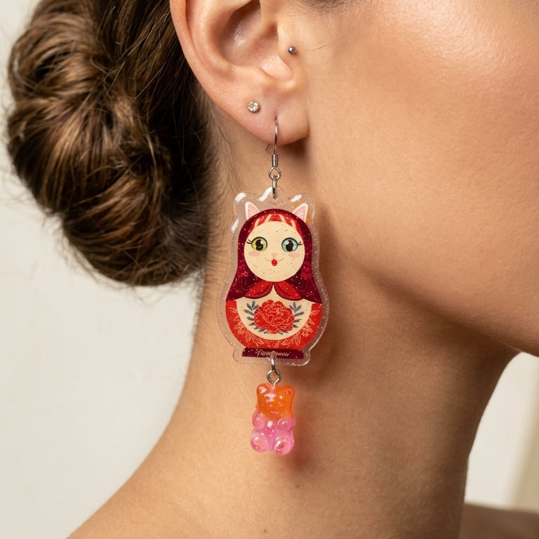 Vintage White Cat Russian Doll & Gradient Gummy Bear Dangle Earrings