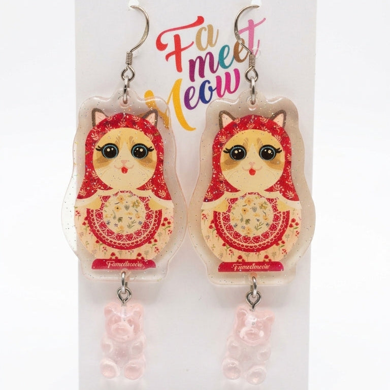 Vintage Ragdoll Cat Russian Doll & Pink Gummy Bear Dangle Earrings